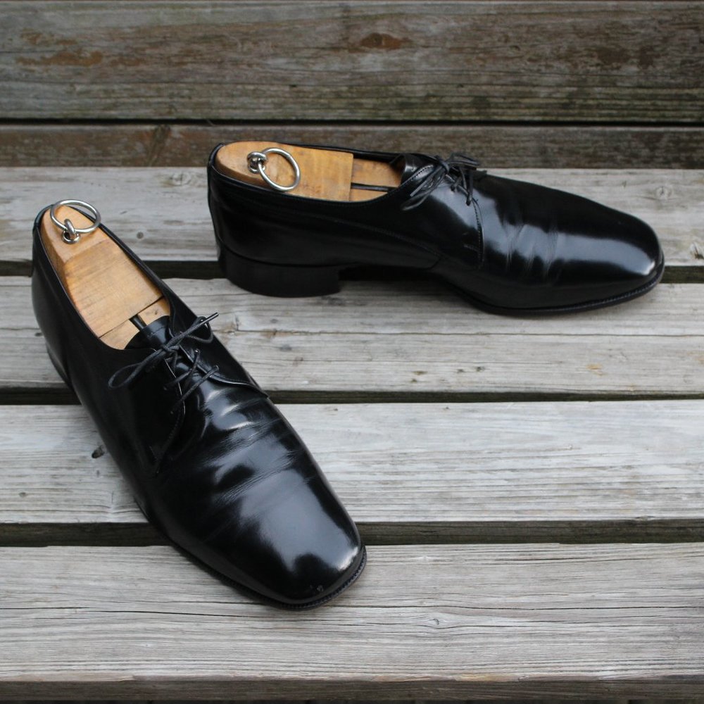 VTG 80s Florsheim Black Plain Toe Derby, Corrected Calf, Men's Size 9.5 D